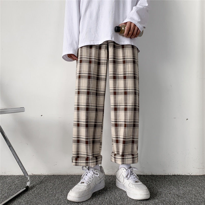 Plaid Pants Men Linens Korean Checked Trousers Male Streetwear Fashion Bottoms Summer Wide Leg Pants Harajuku Breathable