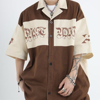 Summer New Hiphop Shirt Y2K Lapel Fashion Color Contrast Splicing Tooling Loose Short-sleeved Shirt Top Men's Clothing