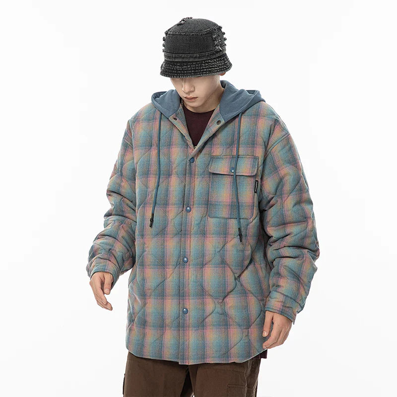 saferido Winter Jacket Men Warm Fashion Thickened Plaid Jacket Men Oversized Streetwear Korean Loose Short Coa Mens Couple Thick Hooded Jackets