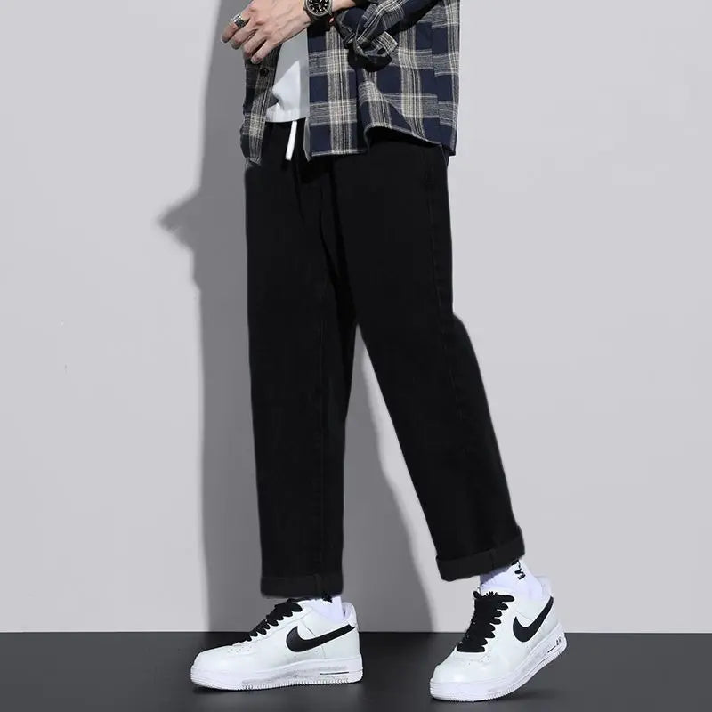 saferido Spring New Hong Kong Style Trendy Loose Wide Leg Jeans Men's Elastic Waist Drawstring Pocket Men's Trendy Casual Straight Pants