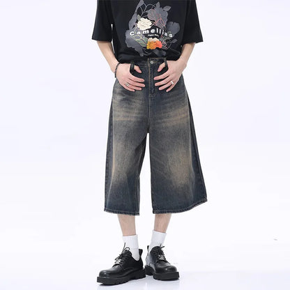 Denim Oversize Half Shorts Men Casual Loose High Waist Wide Legs Male Jeans Summer Fashion Solid Man High Street Pants New