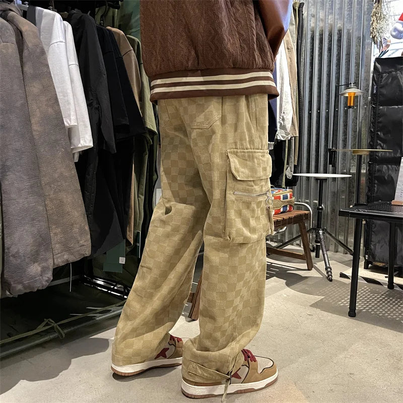 saferido Japanese Men's Chessboard Checker Jeans Fashion Street Hip Hop Loose Straight Wide Leg Pants Couple Outerwear Pants Red Black