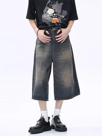 Denim Oversize Half Shorts Men Casual Loose High Waist Wide Legs Male Jeans Summer Fashion Solid Man High Street Pants New