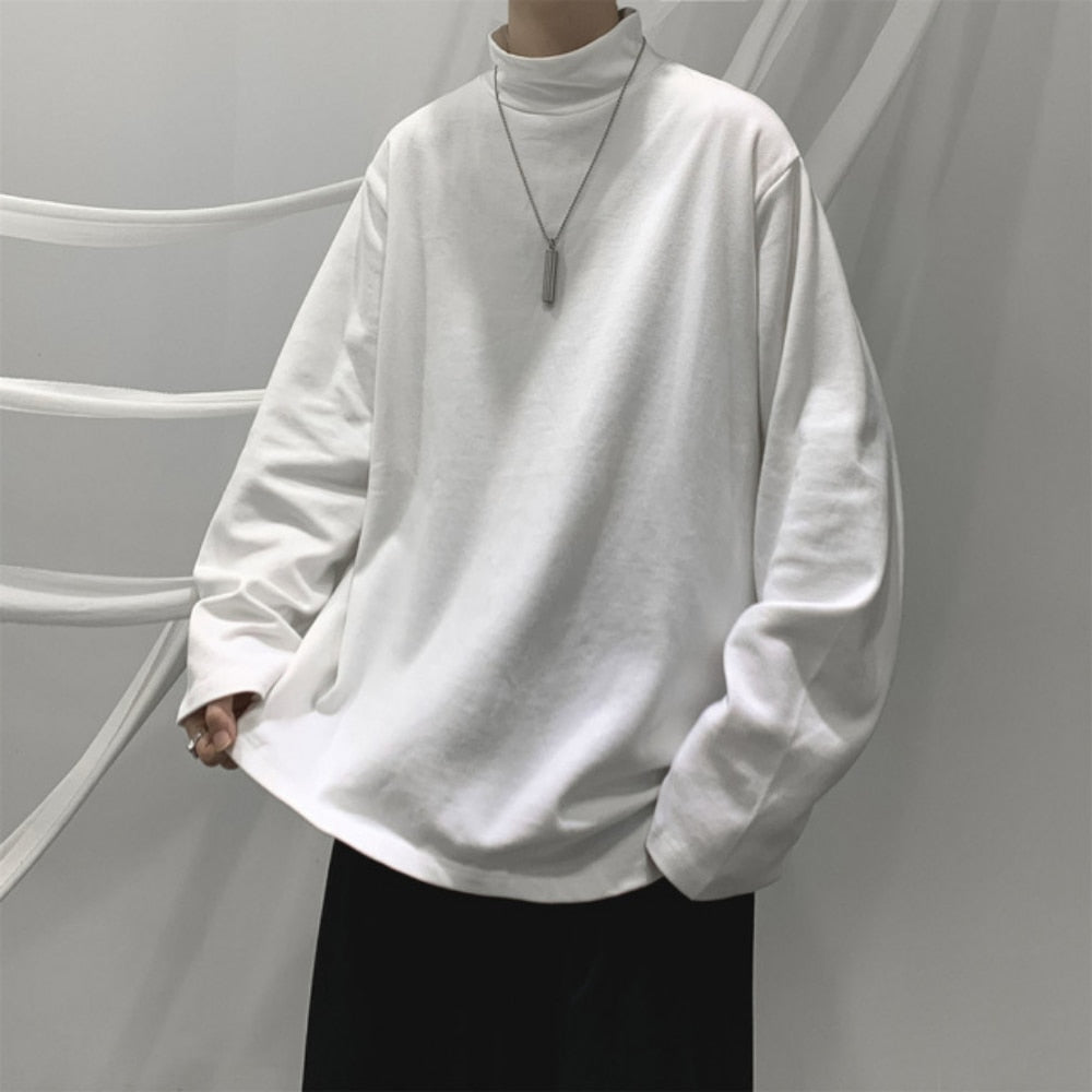 Spring Autumn Long Sleeve T-shirts Men Turtleneck T Shirts Mens Baggy Fashion Casual Tshirts Loose Solid Color Harajuku