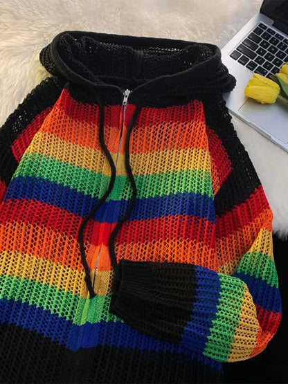 saferido Spring Autumn New Men Rainbow Striped Cardigan Coat Men's Loose Knit Hooded Jackets Male Casual Sweater Outerwear S817