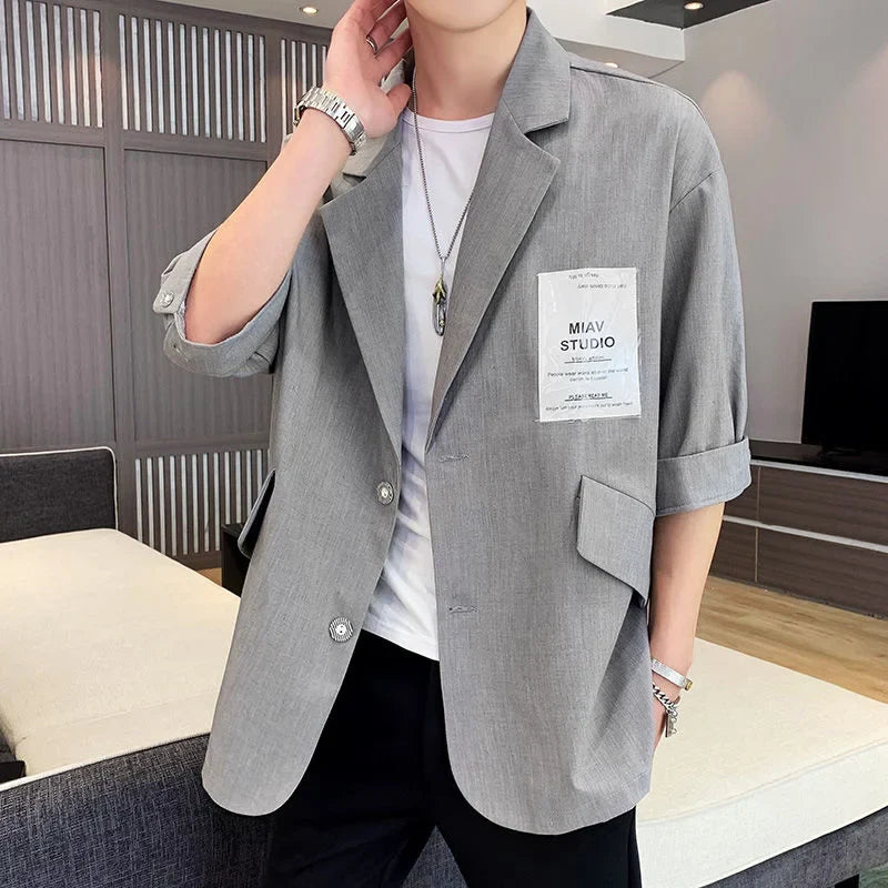 saferido Three-quarter Sleeve Blazers Loose Casual Suit Summer Oversize Patch Design Solid Jackets Classic Simple Trend  Male Clothes