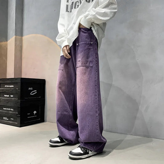 saferido Purple Wide Jeans for Men Ins Fashion Hip Hop Denim Trousers Vintage Casual Pants Streetwear Oversized Bottoms Male Y2K Clothes