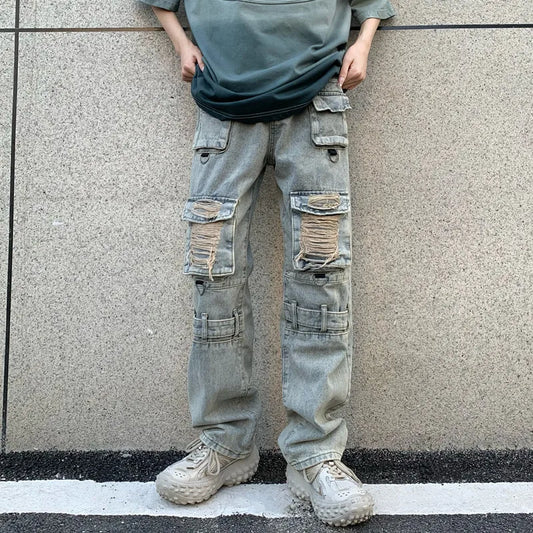 Pockets Y2K Streetwear Ripped Jeans Cargo Pants For Men Clothing Straight Vintage Hip Hop Denim Trousers Ropa Hombre