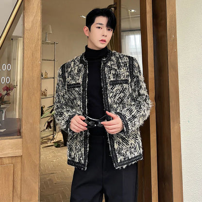 Fashion Woolen Jackets Autumn Winter Men's Clothing Trend Niche Design Woven Collarless Korean Casual Coat Tide New