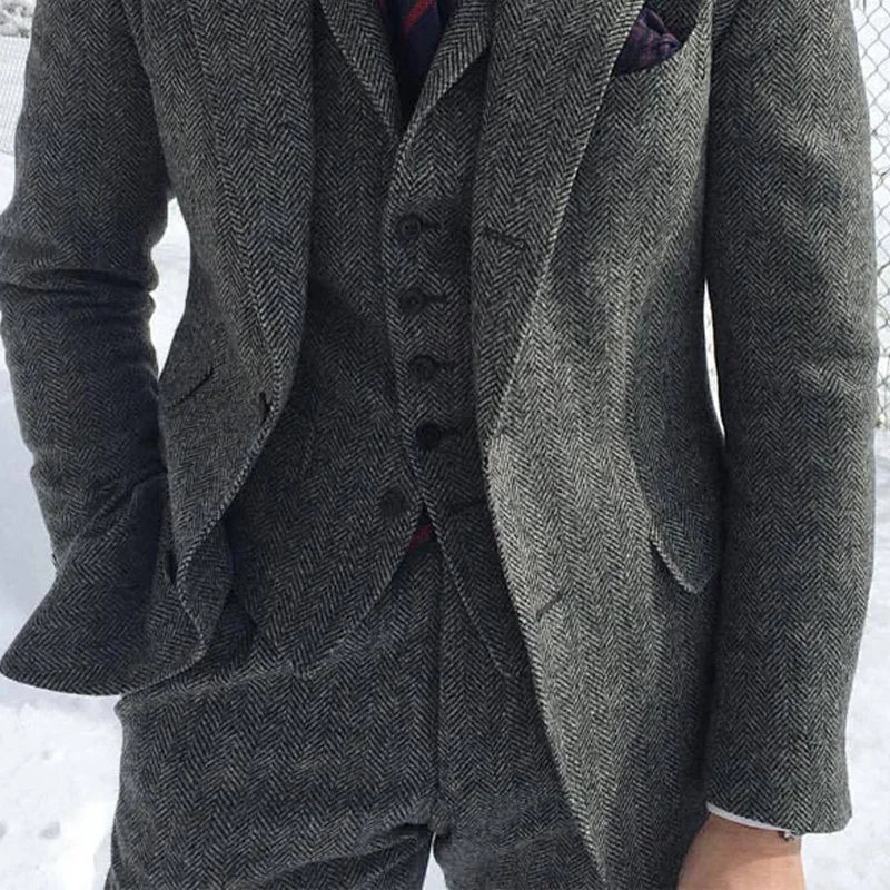 Gray Wool Tweed Winter Men Suit's For Wedding Formal Groom Tuxedo Herringbone Male Fashion 3 Piece (Jacket +Vest +Pants+Tie)