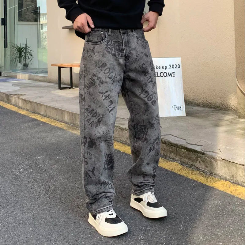 saferido High Quality New Grey Jeans Men Graphic Printed Y2k Denim Trousers Hip Pop Rock Straight Fit Male's Pants