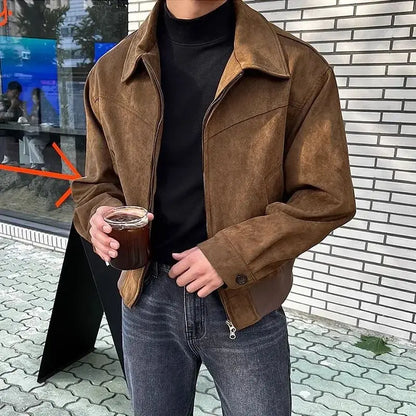 Spring Autumn Fashion Jackets Men Loose Turn Down Collar Coat Mens Vintage Casual Streetwear Outwear Solid Zipper Bomber Jacket