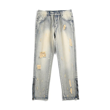 saferido Hole Ripped Washed Vintage Men Hip Hop Jeans Trousers West Ankle Zipper Punk Distressed Male Denim Pants