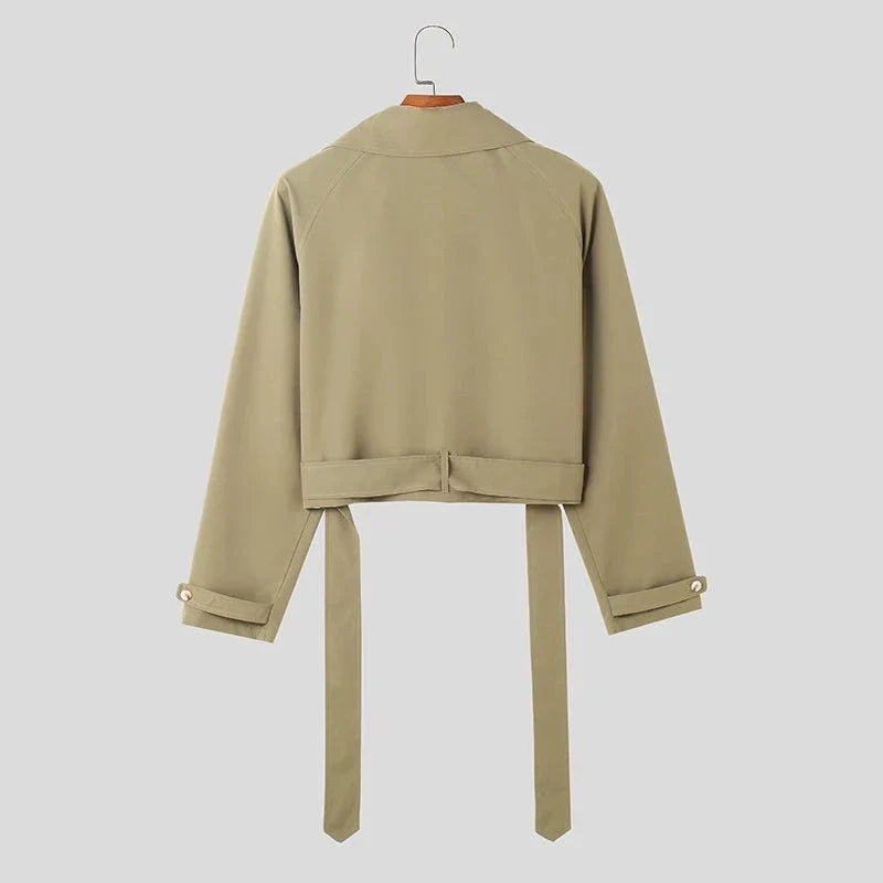 Fashion Men Jackets Lapel Long Sleeve Solid Color Streetwear Male Crop Coats Loose Casual Jackets With Belt S-5XL