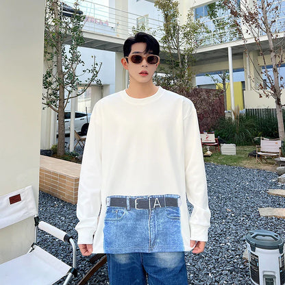 saferido Korean Street fashion Spring Casual Men Personality Jeans Print Long Sleeve T-shirts Sweatshirt Patchwork Loose Sweatshirts