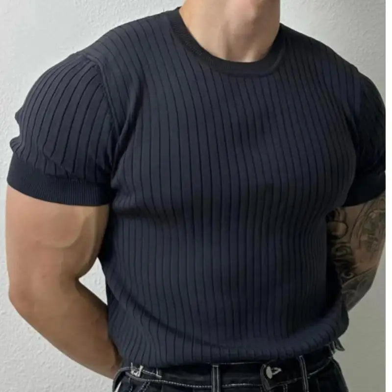 Summer New Men Thin Knitted T Shirts Slim Fit Elastic Short Sleeve O Neck Tee Fashion Solid Color Ribbed Muscle T-shirt Male