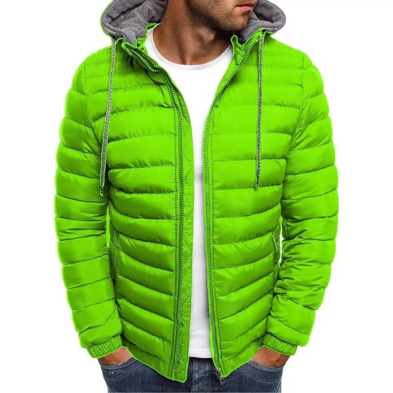 Outdoor Men's Cotton Clothes Fashion Trend Solid Color Long-sleeved Overcoat Winter Warm Hooded Jacket Oversized Zipper Tops