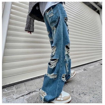 saferido American Style Streetwear Washed Torn Jeans For Men And Women's Street Hip-Hop Loose Wide Leg Straight Leg Pants Fashion Style