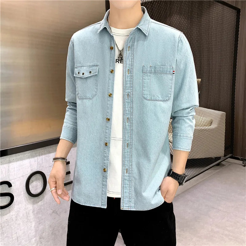 saferido Denim Shirt for Men Jeans Cotton Long Sleeve Blue Blazer Button Up Y2K Casual Spring Summer Cardigan Loose Fashion  Black Coat