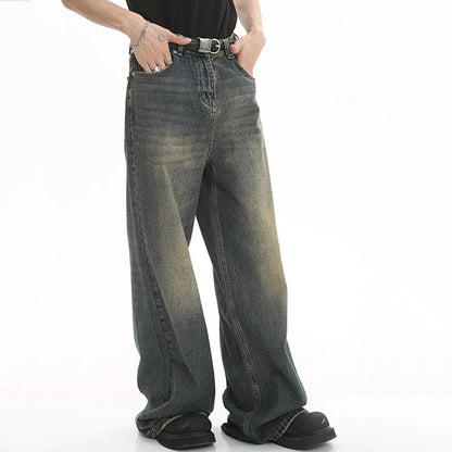 Old Male Pants Summer Blue Washed Men Denim Jeans Straight Casual Menwear Loose Wide Leg Trousers New Fashion