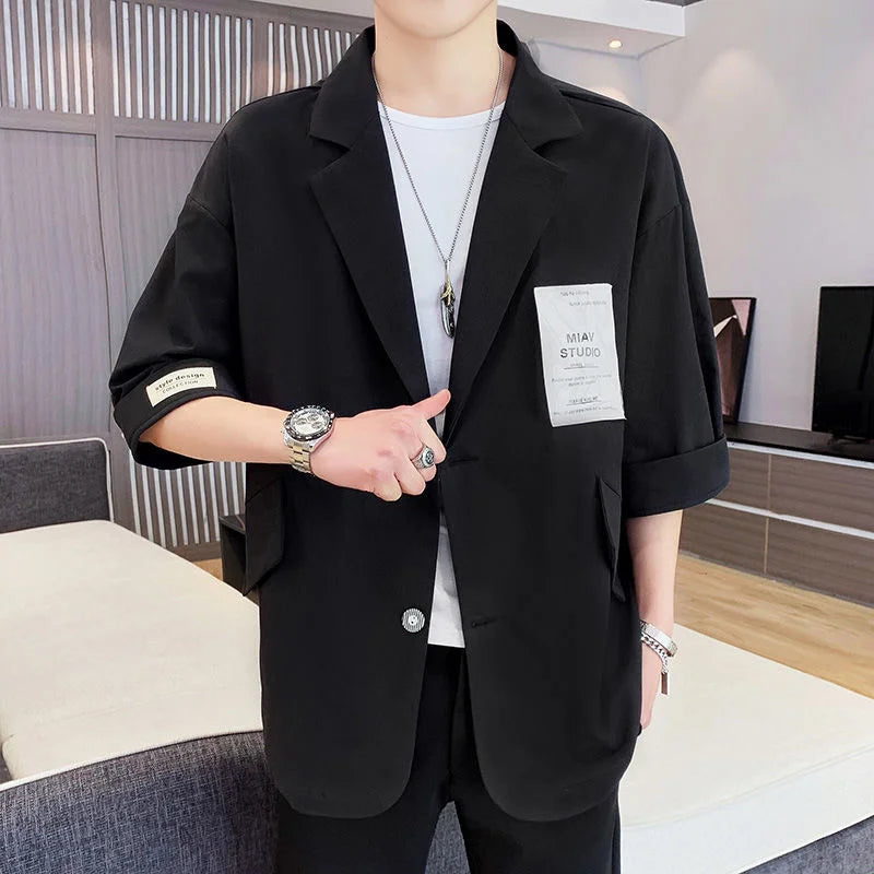 saferido Three-quarter Sleeve Blazers Loose Casual Suit Summer Oversize Patch Design Solid Jackets Classic Simple Trend  Male Clothes