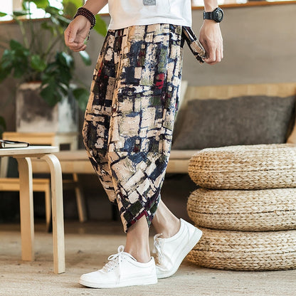 Summer Harajuku Calf Length Casual Men's Pants Wide Leg Cotton Linen Printing Harem Baggy Pants Fashion Men's Clothing