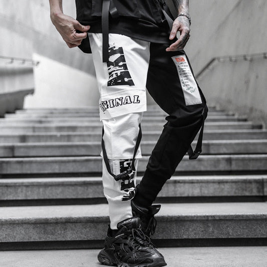 Men Black White Patchwork Casual Techwear Cargo Pants Punk Hip Hop Streetwear Joggers Man Vintage Slim Fit Sweatpants