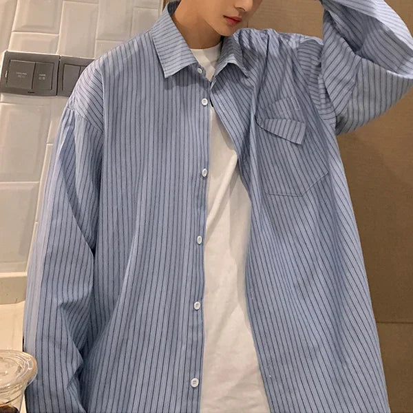 saferido 2024 Striped Long Sleeve Shirt Oversized Mens Large Spring Summer Loose Casual Man Shirts Clothes Fashion Harajuku Chest Pocket