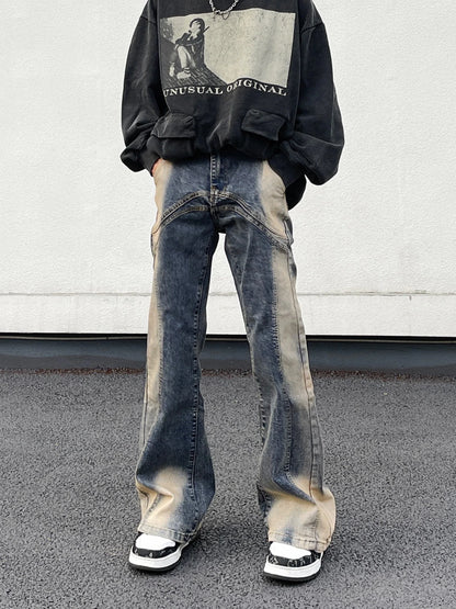 saferido Jeans High Street American Vintage Wash Harajuku Y2K Spliced Jeans Men's Loose Flare Design Feel Pants