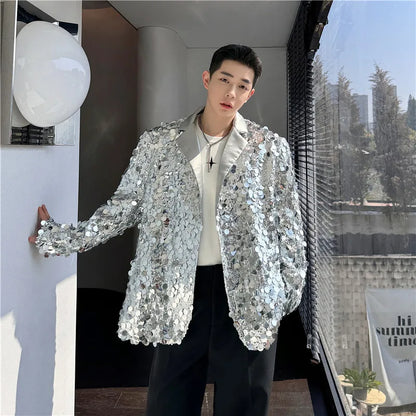 saferido Men's Sequins Blazer Glitters Bling Suit Jacket Singer Stage Shiny Clothing Black Silver Oversize Party Suit Coat Man