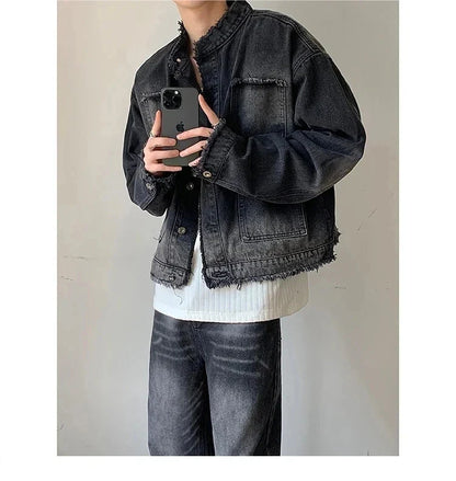 Mens Hip-hop Denim Jacket Gradient Rough Edge Shoulder Pads Cowboy Coat Single Breasted Short Fashion Casual Men Outwear New