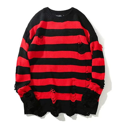 Striped Sweaters Punk Unisex Sweater Autumn Hollow Out Hole Broken Jumper Loose Oversized Pullouvers Harajuku Streetwear