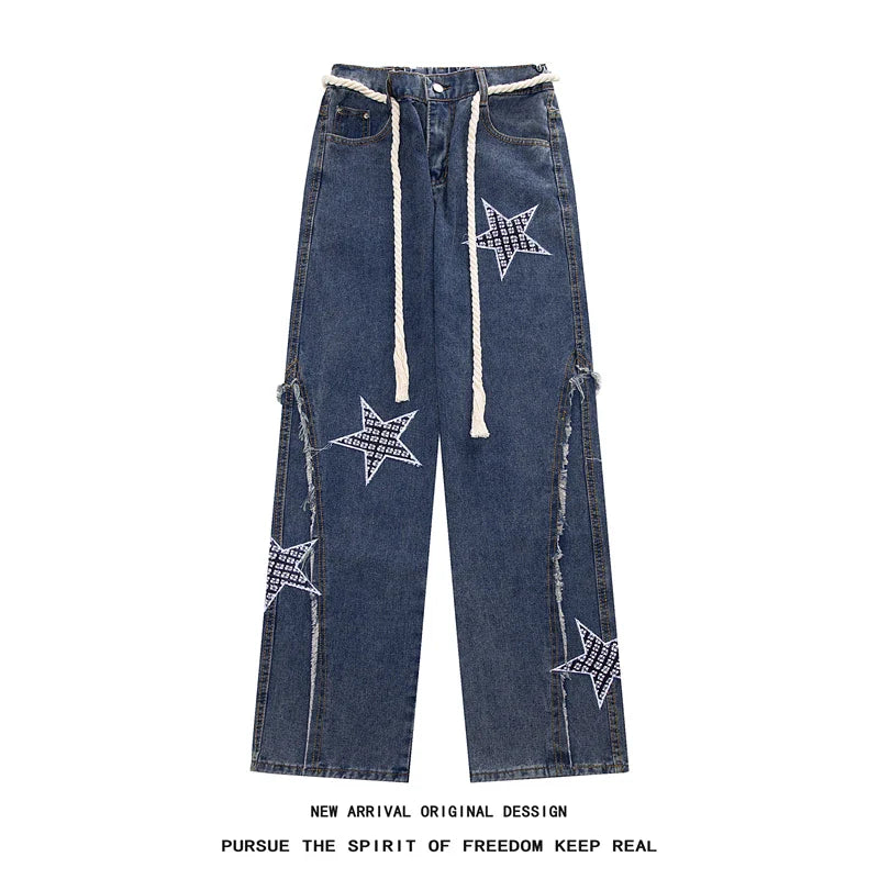 saferido Spring New Star Embroidery Burrs Patchwork Jeans Fashion Streetwear Loose Straight-leg Denim Pants for Men and Women 5XL-M