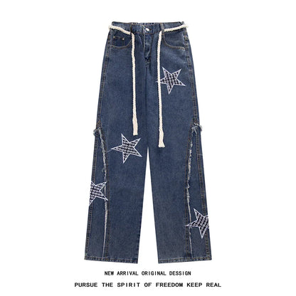 saferido Spring New Star Embroidery Burrs Patchwork Jeans Fashion Streetwear Loose Straight-leg Denim Pants for Men and Women 5XL-M