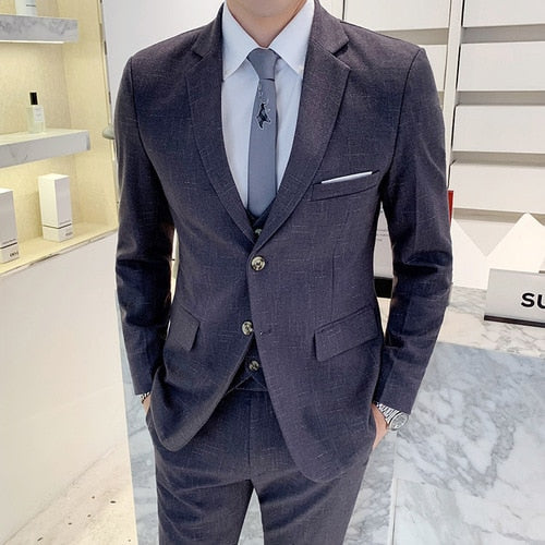 Men's Suit Jacket Vest Pants Fashion Boutique Plaid Casual Business Male Groom Wedding Tuxedo Dress 3 Pieces Set Blazers Coat