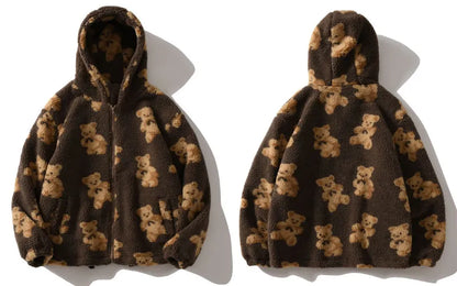 Fleece Hooded Jackets Streetwear Casual Harajuku Hip Hop Men Women Fashion Bear Print Full Zip Hooded Coat Tops Outwear