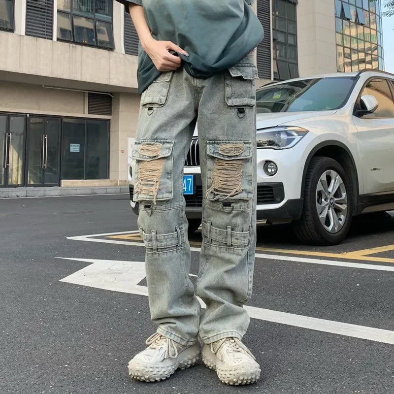 Pockets Y2K Streetwear Ripped Jeans Cargo Pants For Men Clothing Straight Vintage Hip Hop Denim Trousers Ropa Hombre