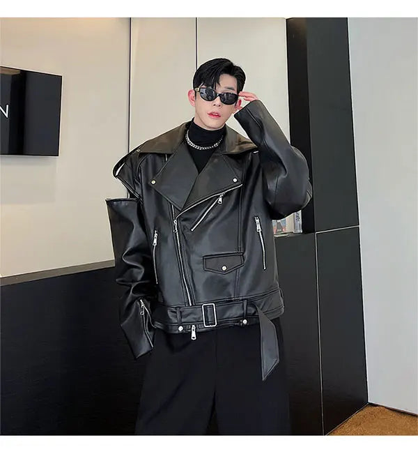 saferido Autumn Winter Wide Shoulder Zipper Leather Jacket Luxury Men Streetwear Loose Vintage Punk Motorcycle Jacket Korean Fashion Coat