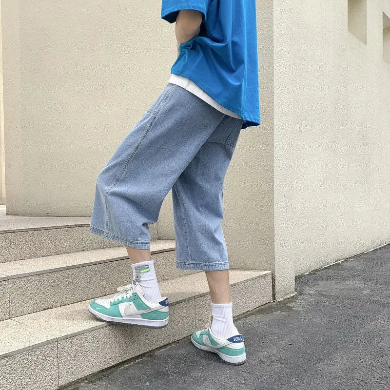 saferido New Summer Fashion Straight Leg Jeans For Men's Korean Light Blue Slim Fit Loose Luxury Brand Design Casual Wide Leg Shorts