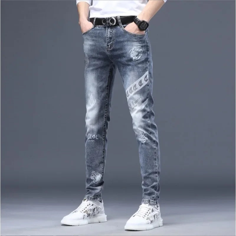 saferido Jeans Men Print Pants Loose Fit Blue Baggy Jeans Korea Fashion Wide Leg Pants Denim Trousers Men's Clothing Harem Pants