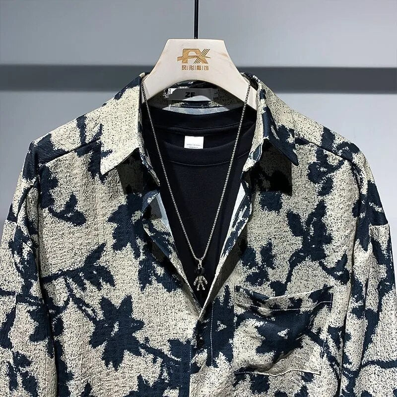 New Spring and Summer Fashion Fried Street Rascal Handsome Loose Relaxed Port Fashion Brand Men's Long Sleeve Flower Shirt