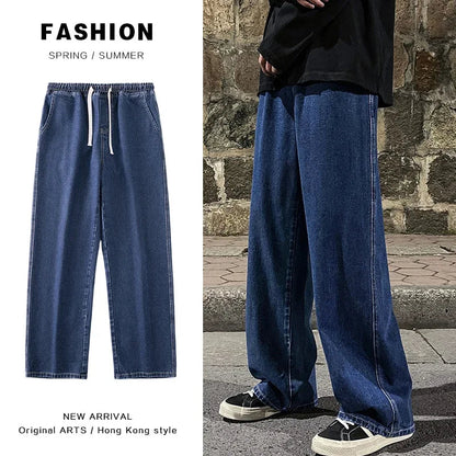 saferido Korean Fashion Loose Men Jeans Classic Straight Straight Baggy Wide Leg Trousers Casual Street Hip Hop Pants Black Grey Blue