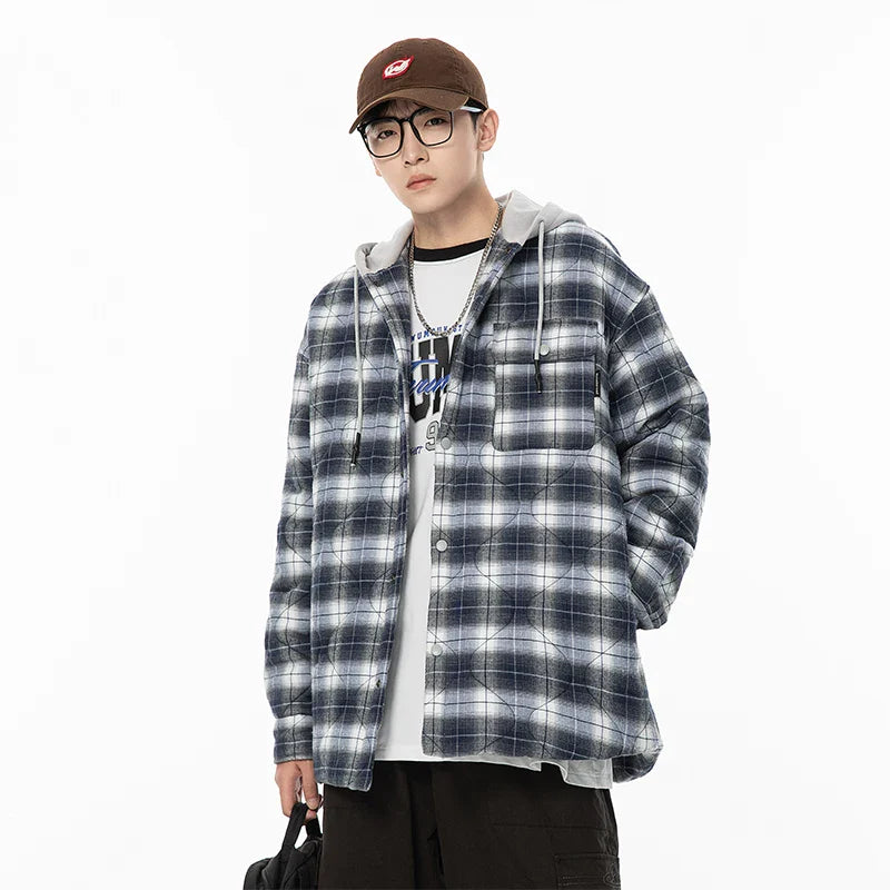 saferido Winter Jacket Men Warm Fashion Thickened Plaid Jacket Men Oversized Streetwear Korean Loose Short Coa Mens Couple Thick Hooded Jackets