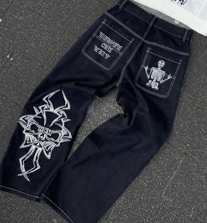 Retro Street Cross Skull Embroidery Baggy Jeans Y2k Men Women Loose Casual Straight Wide Leg Denim Pants High Waisted Pants