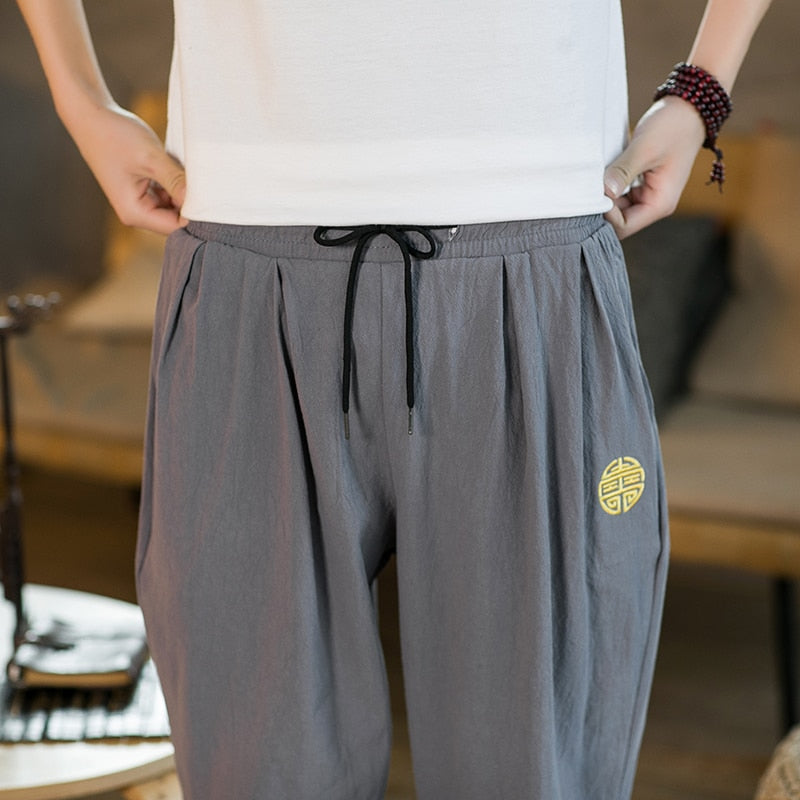 Summer Casual Chinese Style Cotton Linen Ninth Pants Men Fashion   Embroidery Loose Harem Pants Men's Street Jogging Pants