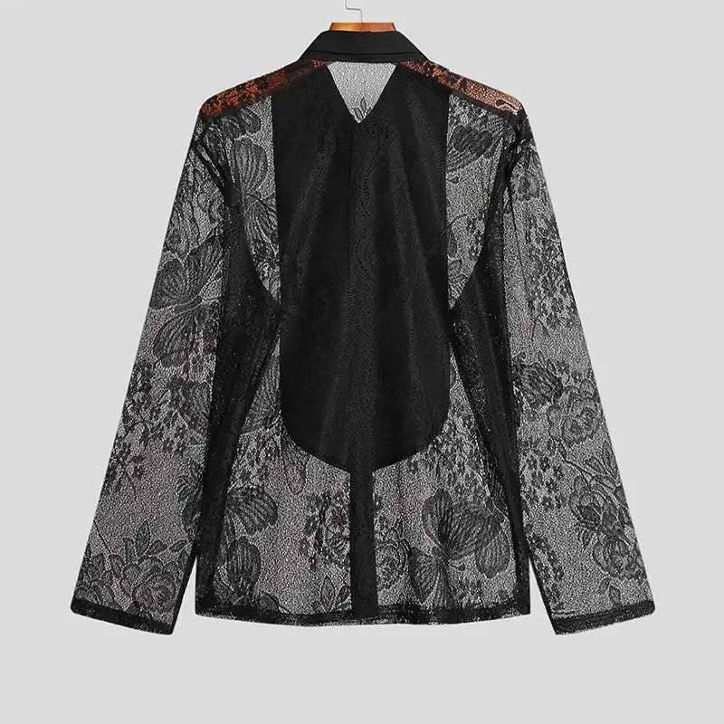 Tops American Style New Men Fashion Solid Ribbon Blouse Male Stitching Butterfly Lace Long Sleeve Thin Shirts S-5XL