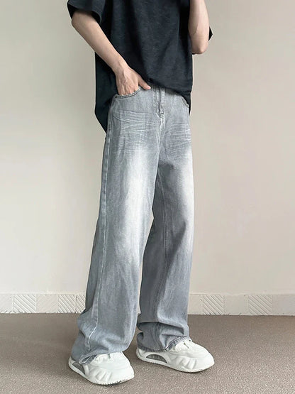 saferido New Vintage Gray Baggy Jeans Men Fashion Harajuku Casual Y2k Pants Straight High Street Male Wide Denim Trousers