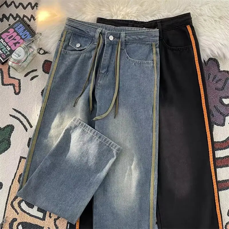 saferido American Retro Drawstring Jeans Men's High Street Causal Loose Straight Draping Wide Leg Pants Men Trousers Male