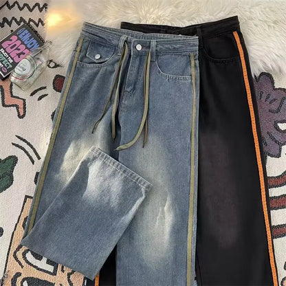 saferido American Retro Drawstring Jeans Men's High Street Causal Loose Straight Draping Wide Leg Pants Men Trousers Male