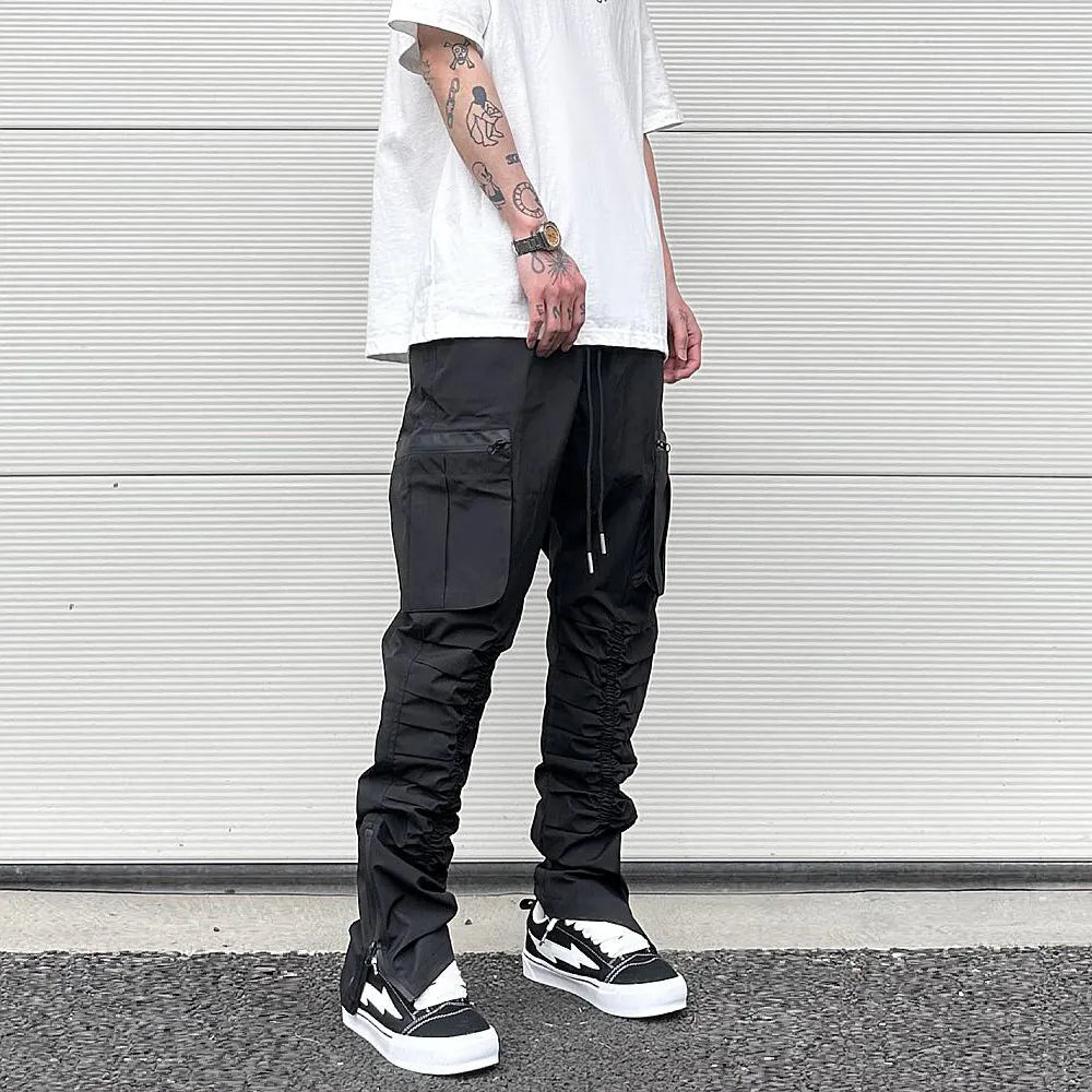 Harajuku Black Tapered Pants for Mens Functional Rubber Band Pleated Waterproof Zipper Casual Pants Nylon Men's Jogging Pant